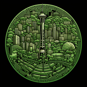 Image of the Seattle cityscape, presented as a labyrinth